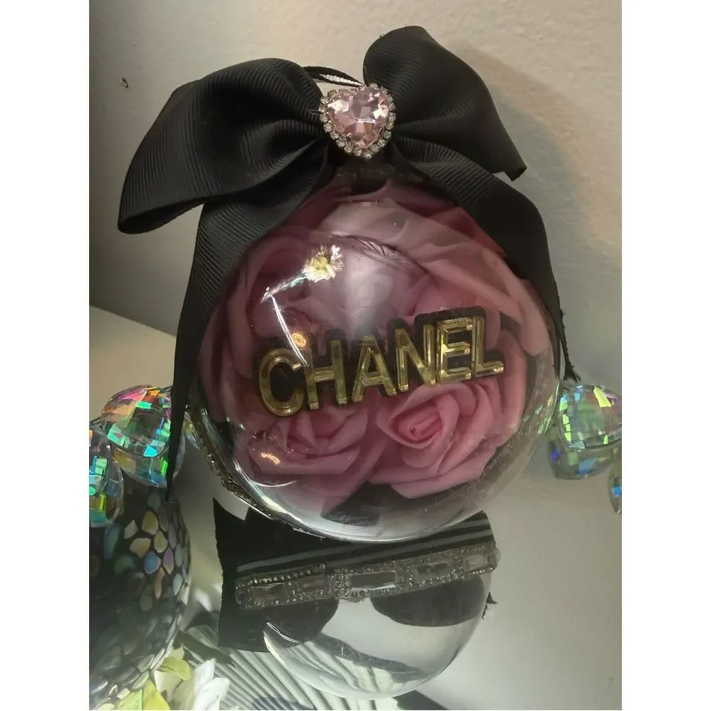 Luxury Pink Rose Ornament 4in Black Bow Gold Rhinestone Glam Chic Gift Decor